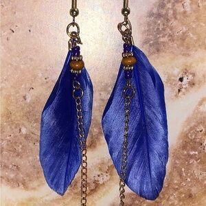 Colbalt Blue Feather Dangle Earrings in gold